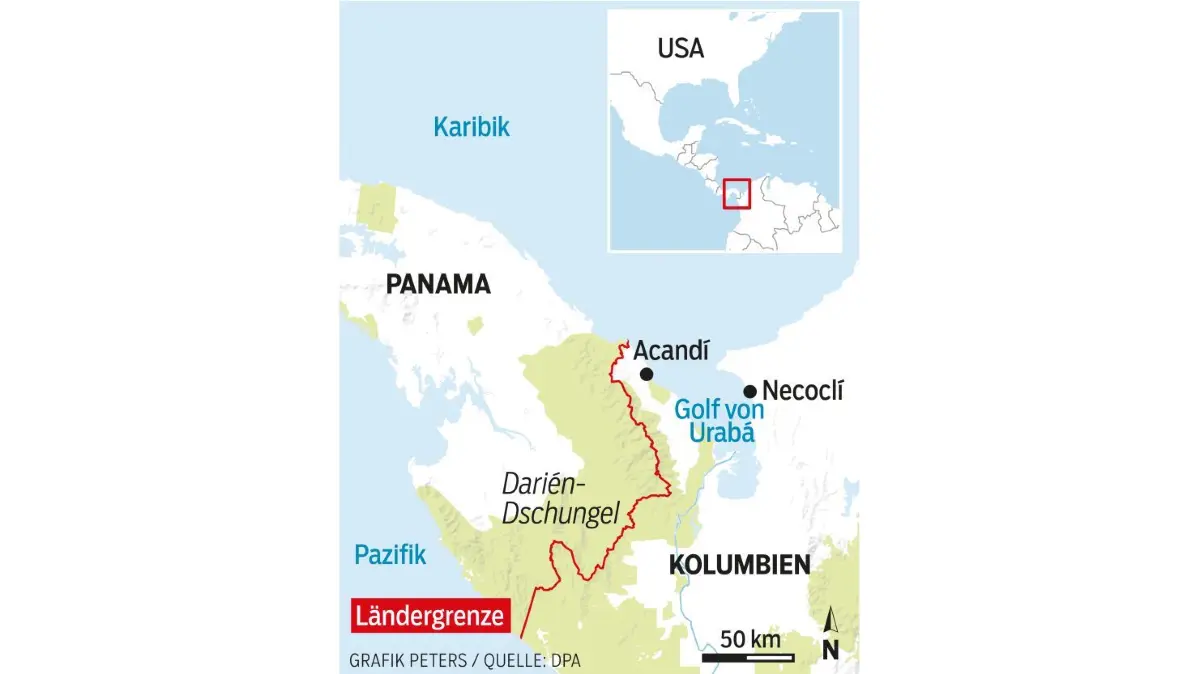 Die Karte zeigt die Grenze zwischen Kolumbien und Panama sowie den Darién-Dschungel
