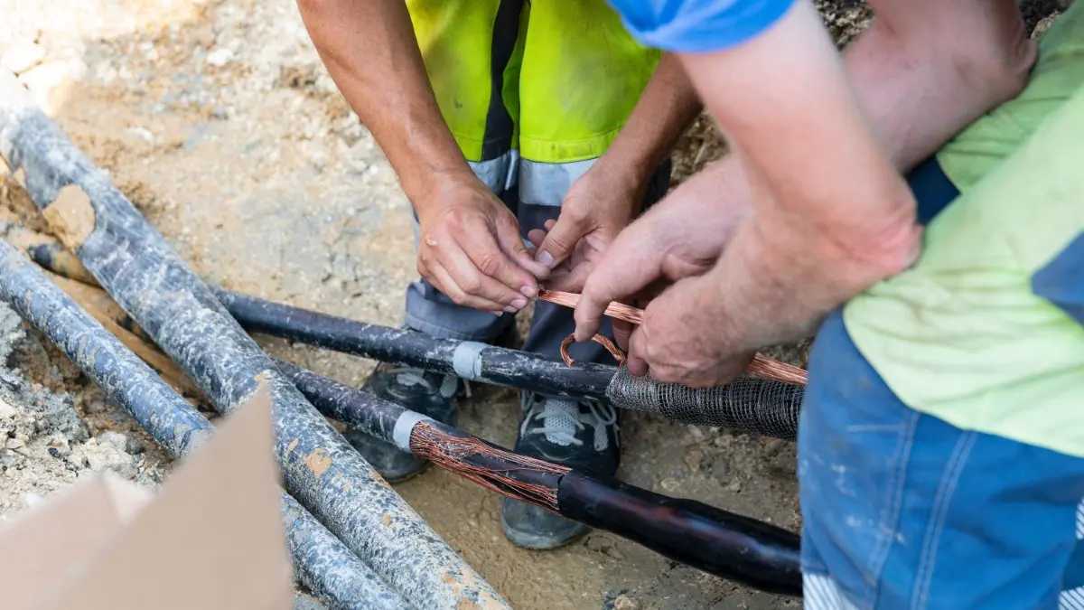 Mitarbeiter des Albwerks arbeiten an einer Mittelspannungsleitung in Geislingen.
Strom, Energie, Energieversorgung, Leitung, Stromleitung, Stromausfall - Reparaturarbeiten an einer Mittelspannungsleitung in der Schützenstraße Geislingen durch Mitarbeiter des Albwerks.