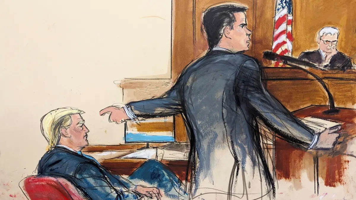 Strafprozesses gegen Ex–Präsident Trump: 22.04.2024, USA, New York: Diese Gerichtszeichnung zeigt den Verteidiger Todd Blanche (r), der auf den ehemaligen US-Präsidenten Donald Trump zeigt, während er seine Eröffnungsrede vor den Geschworenen im Strafgericht von Manhattan hält. Foto: Elizabeth Williams/AP/dpa +++ dpa-Bildfunk +++