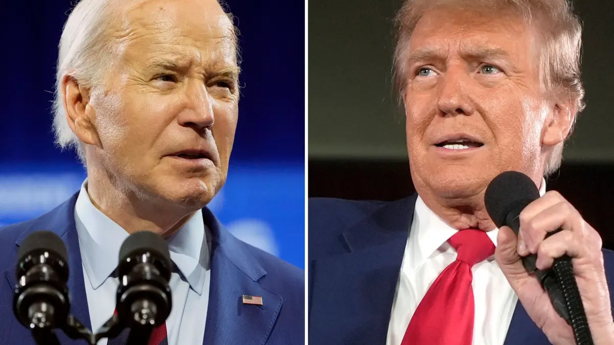 Wahlkampf in den USA — Biden vs. Trump: ARCHIV - 03.05.2024, USA, -: Die Kombo zeigt US-Präsident Joe Biden am 2. Mai 2024 in Wilmington, N.C. (l) und den republikanischen Präsidentschaftsbewerber und ehemaligen US-Präsidenten Donald Trump bei einer Wahlkampfveranstaltung am 1. Mai 2024 in Waukesha, Wisconsin. (zu dpa: «Biden und Trump stimmen Regeln für TV-Duell zu») Foto: -/AP/dpa +++ dpa-Bildfunk +++