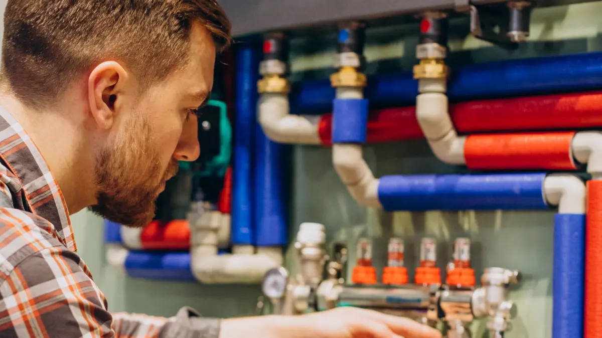 Young engineer adjusting autonomous heating - Ein Monteur installiert eine Heizung