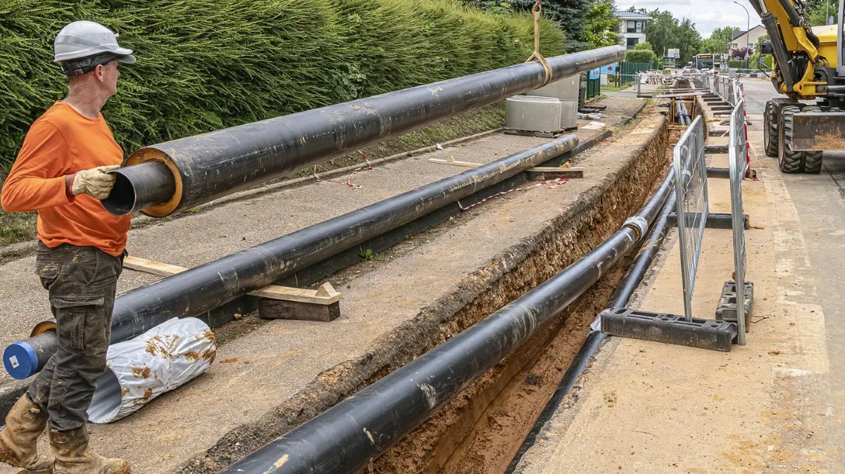Straßenarbeiten für Fernwärme. Erweiterung eines Wärmenetzes.