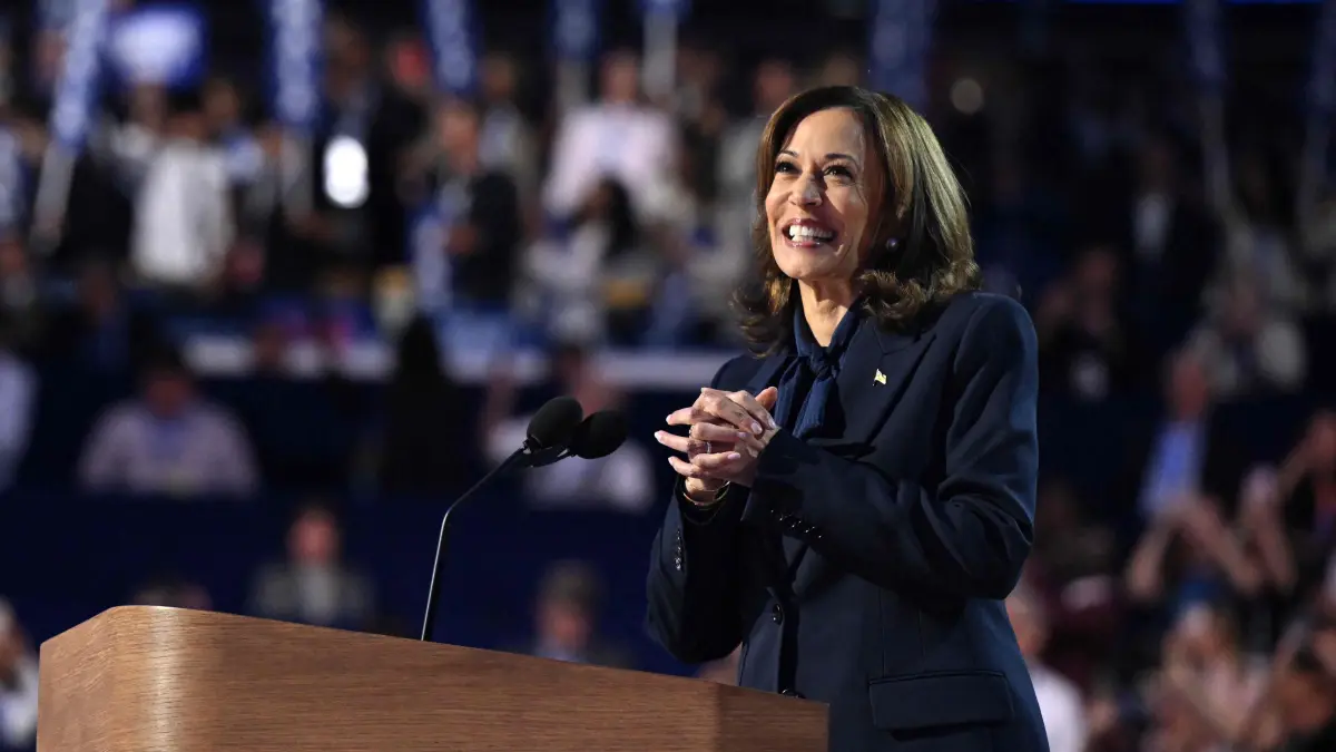 Democratic National Convention - Day 4: US Vice President and 2024 Democratic presidential candidate Kamala Harris speaks on the fourth and last day of the Democratic National Convention (DNC) at the United Center in Chicago, Illinois, on August 22, 2024. Vice President Kamala Harris will formally accept the party?s nomination for president today at the DNC which ran from August 19-22 in Chicago. (Photo by SAUL LOEB / AFP)