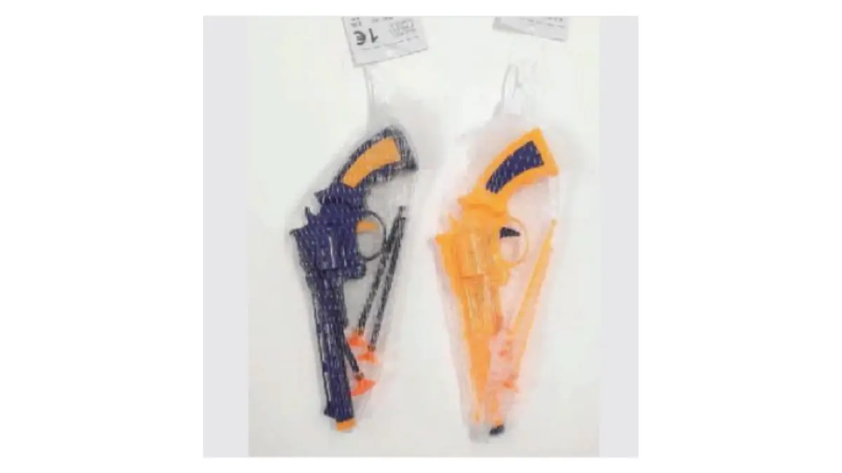 Das Produkt „Spielzeugpistole (orange, blau) mit 3 Saugnapfpfeilen“ vom Hersteller „TEDI“ wird zurückgerufen.