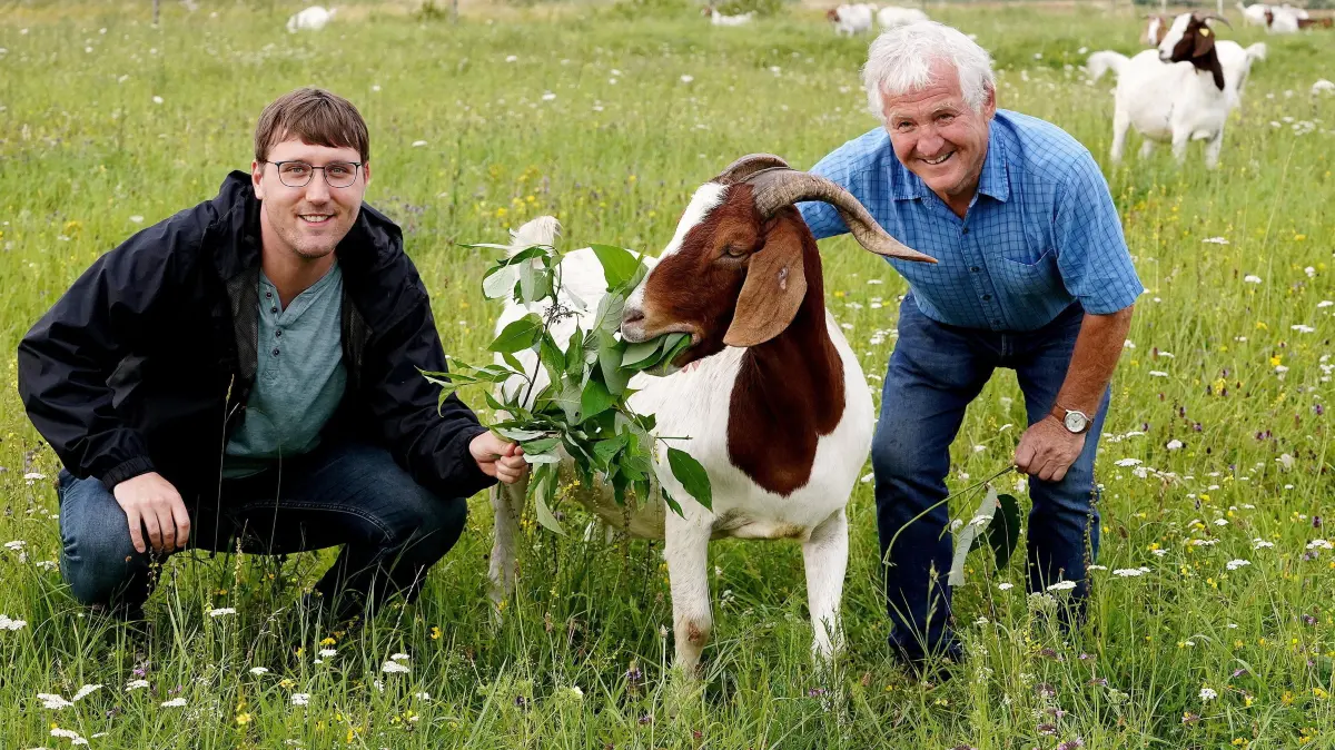 David Gsell (links), der Vorsitzende des Nabu, mit seinem Vorgänger Eberhard Kläger und Ziegenbock Oskar.