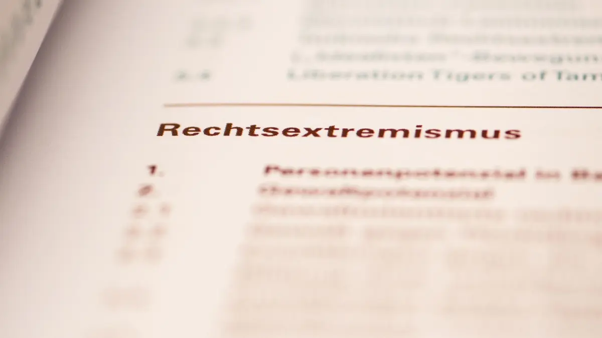 Rechtsextremismus: ARCHIV - 18.04.2017, Bayern, München: Der Schriftzug "Rechtsextremismus" ist im bayerischen Innenministerium in München im Inhaltsverzeichnis eines Kataloges zu einem Verfassungsschutzbericht zu sehen. (zu dpa: «Waffenbesitz? Razzia bei mutmaßlichen Rechtsextremen in OWL») Foto: Matthias Balk/dpa +++ dpa-Bildfunk +++