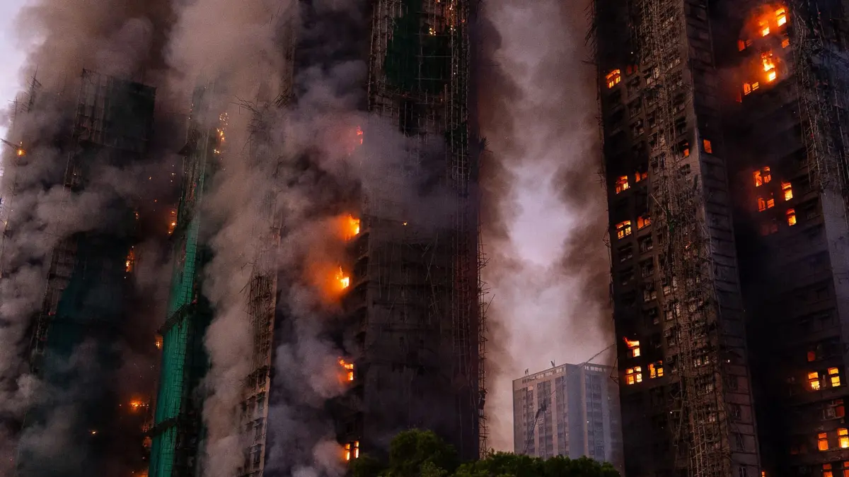 Brand in Hongkong: 26.11.2025, China, Hongkong: Rauch steigt auf, nachdem im Wang Fuk Court, einer Wohnanlage im Stadtteil Tai Po in den New Territories von Hongkong, ein Feuer ausgebrochen ist. Foto: Chan Long Hei/AP/dpa +++ dpa-Bildfunk +++