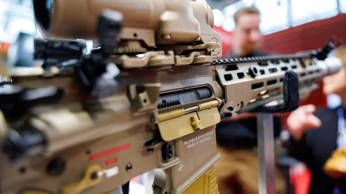 The Heckler & Koch G95K A1 assault rifle (5.56 x 45 NATO) is on display at the company's stand during the "Enforce Tac" trade fair for security and defence in Nuremberg, southern Germany on February 25, 2026. (Photo by Daniel Karmann / AFP)