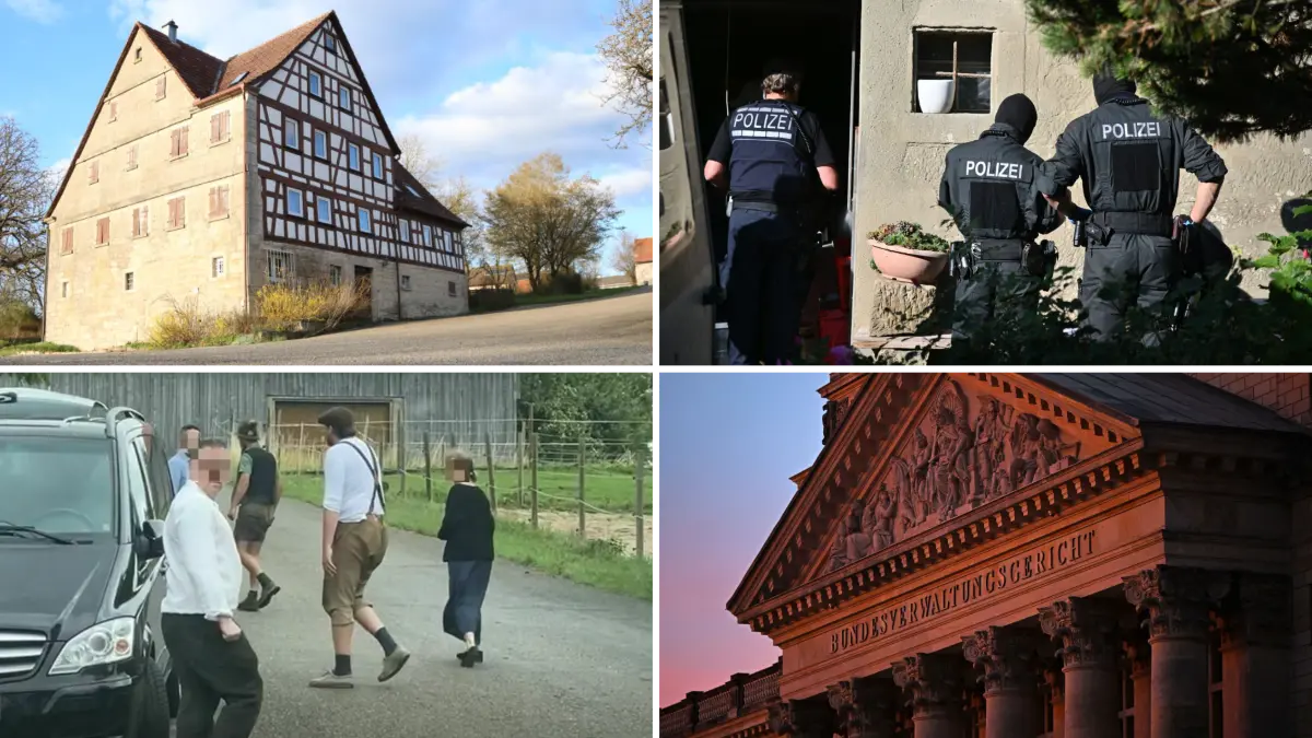 Das Jugendheim Hohenlohe in Herboldshausen, Razzia gegen die Artgemeinschaft in Hesselbronn, Bundesverwaltungsbericht in Leipzig hat das Verbot gegen den Verein jetzt bestätigt. Bundesverwaltungsgericht: ARCHIV - 05.11.2025, Sachsen, Leipzig: Blick auf den Dreiecksgiebel der Hauptfassade des Bundesverwaltungsgerichts Leipzig in der Morgendämmerung. In der Mitte des Reliefs thront die Göttin der Gerechtigkeit, Justitia. Um sie herum wird sowohl die befreiende als auch strafende Funktion der Rechtssprechung dargestellt. (zu dpa: ««Artgemeinschaft»-Verbot beschäftigt erneut Bundesgericht») Foto: Jennifer Brückner/dpa +++ dpa-Bildfunk +++Razzien gegen völkische Siedler: ARCHIV - 27.09.2023, Baden-Württemberg, Hesselbronn: Einsatzkräfte der Polizei durchsuchen ein Objekt. Bundesinnenministerin Faeser (SPD) hat eine weitere rechtsextremistische Vereinigung verboten. Einsatzkräfte der Polizei durchsuchten am Mittwochmorgen 26 Wohnungen von 39 Mitgliedern sowie Räume des Vereins «Die Artgemeinschaft - Germanische Glaubens-Gemeinschaft wesensgemäßer Lebensgestaltung» in zwölf Bundesländern, wie das Innenministerium in Berlin mitteilte. (zu dpa "Razzien gegen völkische Siedler - Faeser verbietet «Artgemeinschaft»") Foto: Jan-Philipp Strobel/dpa +++ dpa-Bildfunk +++