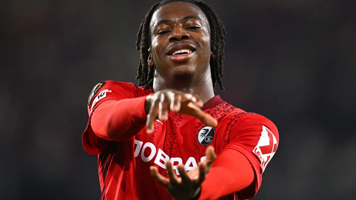 SC Freiburg - SC Braga: 07.05.2026, Baden-Württemberg, Freiburg im Breisgau: Fußball, Männer: Europa League, SC Freiburg - SC Braga, K.o.-Runde, Halbfinale, Rückspiele, Europa Park Stadion. Johan Manzambi (SC Freiburg) feiert seinen Treffer zum 2:0. Foto: Tom Weller/dpa +++ dpa-Bildfunk +++