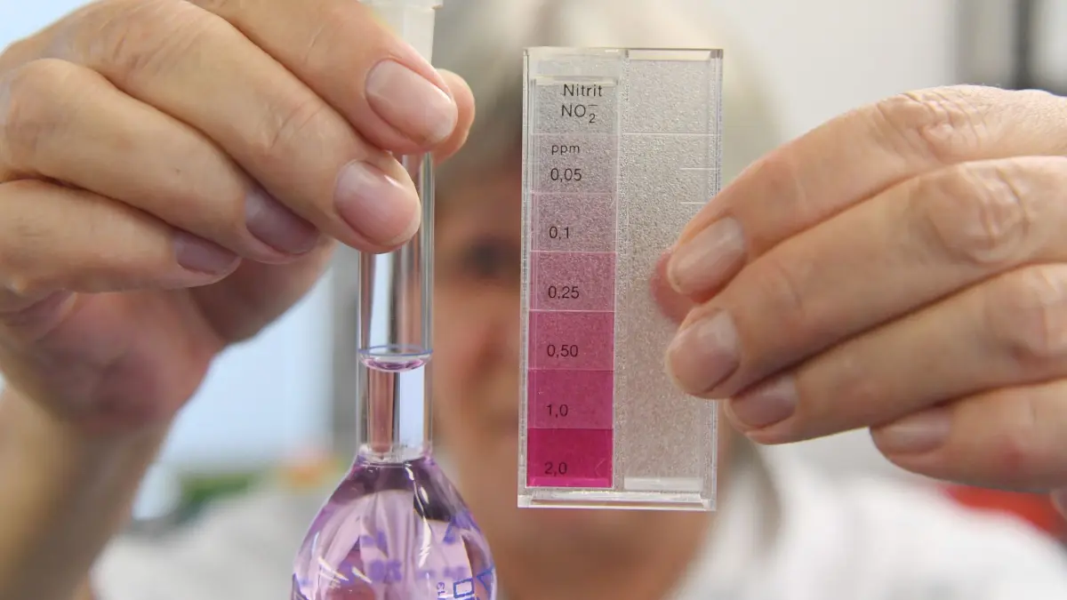 Studie deckt starke Grundwasser-Belastung am Oberrhein auf: ARCHIV - 18.09.2017, Baden-Württemberg, Karlsruhe: Eine Chemielaborantin bei der Landesanstalt für Umwelt, Messungen und Naturschutz Baden-Württemberg (LUBW) zeigt ein Glas, in dem eine Grundwasserprobe enthalten ist. Das Grundwasser im Einzugsgebiets des Oberrheins ist nach einer Studie durch Pestizide, Arzneimittelrückstände und sogenannte Ewigkeitschemikalien (PFAS) erheblich belastet. (zu dpa: «Studie deckt starke Grundwasser-Belastung am Oberrhein auf») Foto: Uli Deck/dpa +++ dpa-Bildfunk +++