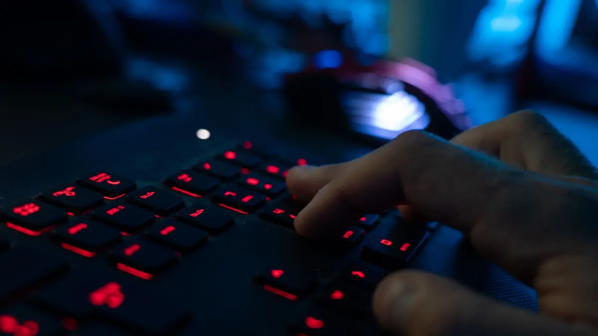 Darknet - Symbolbild: ILLUSTRATION - 29.04.2020, Bayern, Ebing: Ein Mann tippt im Dunklen auf einer Tastatur. (zu dpa: «Festnahme wegen Verdachts auf Millionen-Geschäfte im Darknet») Foto: Nicolas Armer/dpa +++ dpa-Bildfunk +++