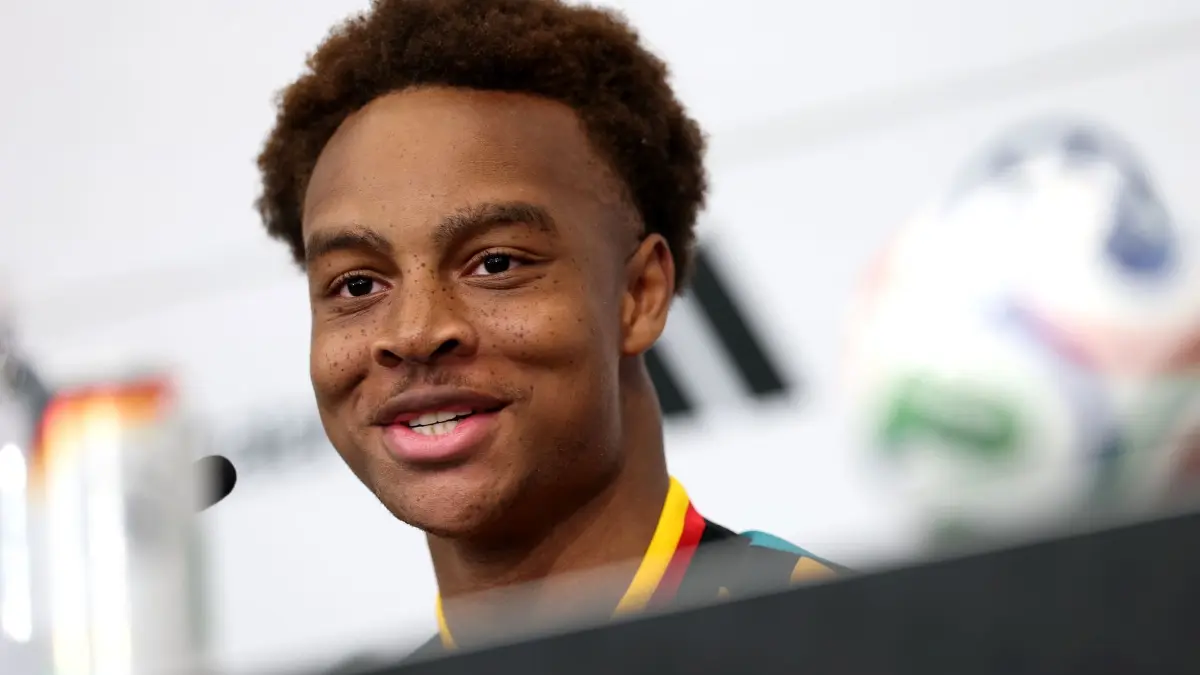 WM 2026 - Deutschland Pressekonferenz: 10.06.2026, USA, Winston-Salem: Fußball: Nationalmannschaft, Deutschland, Pressekonferenz, vor dem ersten WM-Spiel gegen Curaçao, Assan Ouedraogo nimmt an einer PK teil. Foto: Jan Woitas/dpa +++ dpa-Bildfunk +++