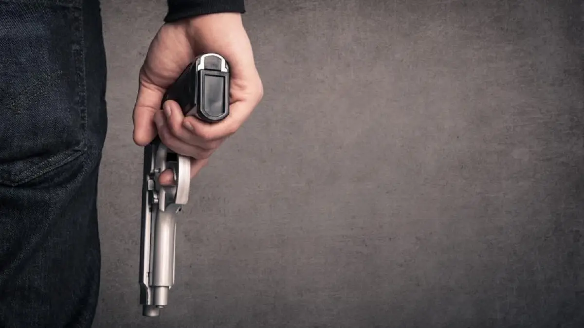 Waffe Hand Pistole Gewalt Blaulicht Symbolfoto Schwabo LZ OV