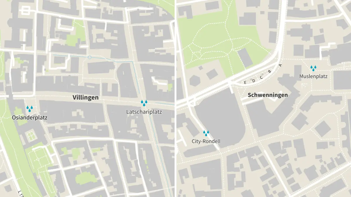 Die vier Nebelduschen in Villingen-Schwenningen - hier sind sie zu finden.