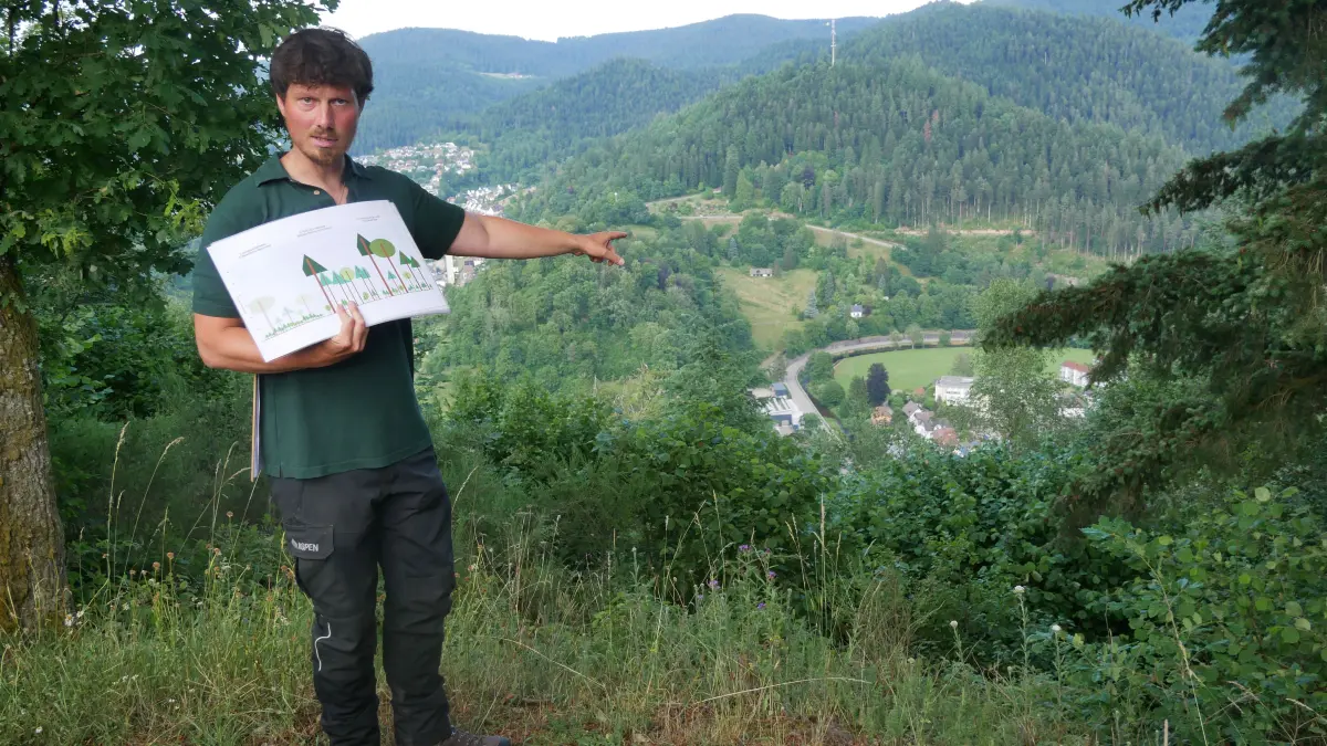 Revierförster Holger Wöhrle erläutert an einem "Baggerloch" entlang des Waldwegs, wie mit einfachsten Mitteln hier ein "Trittstein" für bedrohte Amphibienarten geschaffen wurde