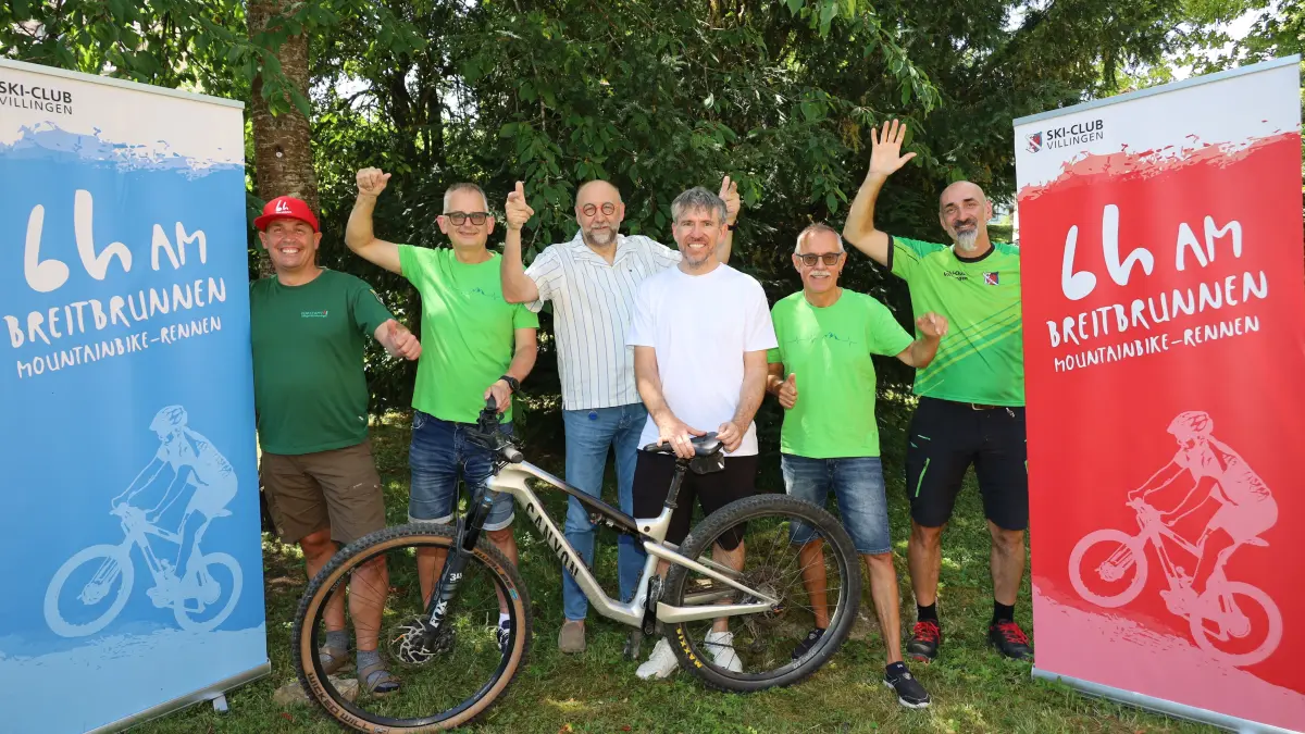 Stehen für das „Seche Stunden Am Breitbrunnen“-Mountainbike-Rennen am 5. Juli in den Startlöchern (von links): Roland Brauner, Jochen Menath, Michael Neuenhagen, Peter Bürk, Albert Simon und Thomas Huber.