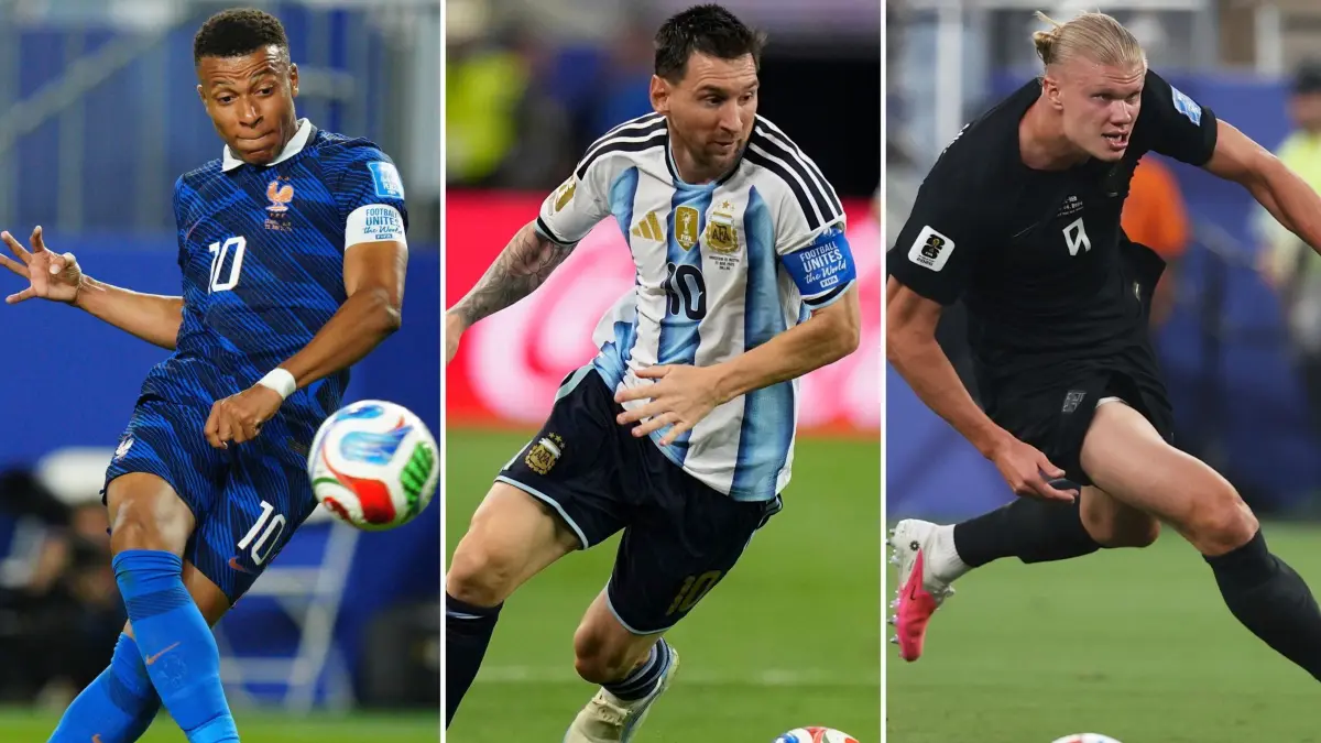 WM 2026 - Stars: 22.06.2026, USA, ---: Fußball, WM 2026, Die dreiteilige Bildkombo zeigt die zeigt den Franzosen Kylian Mbappé (l), den Argentinier Lionel Messi (M) und den Norweger Erling Haaland in ihren Spielen am 22.06. bei der Fußball-WM. Foto: Uncredited/AP/dpa +++ dpa-Bildfunk +++