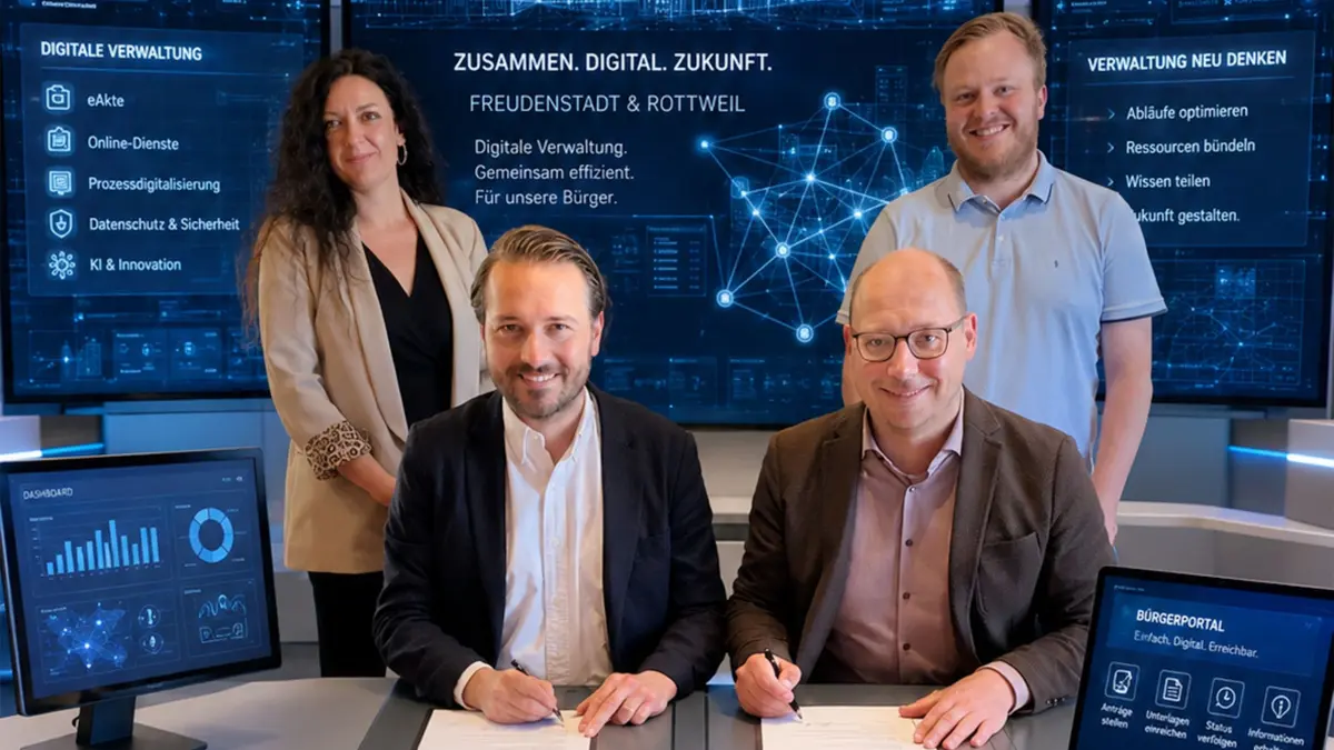 Der Vertrag ist noch ganz klassisch auf Papier festgehalten – das futuristische Umfeld hat künstliche Intelligenz erzeugt: Die beiden Oberbürgermeister Adrian Sonder (Freudenstadt, links) und Dr. Christian Ruf (Rottweil) unterzeichneten eine Vereinbarung zur interkommunalen Zusammenarbeit bei den Themen Digitalisierung und Verwaltungsmodernisierung. Mit auf dem Bild sind die Digitalisierungsbeauftragten Tamara Schweizer und Dominik Pfanner,
