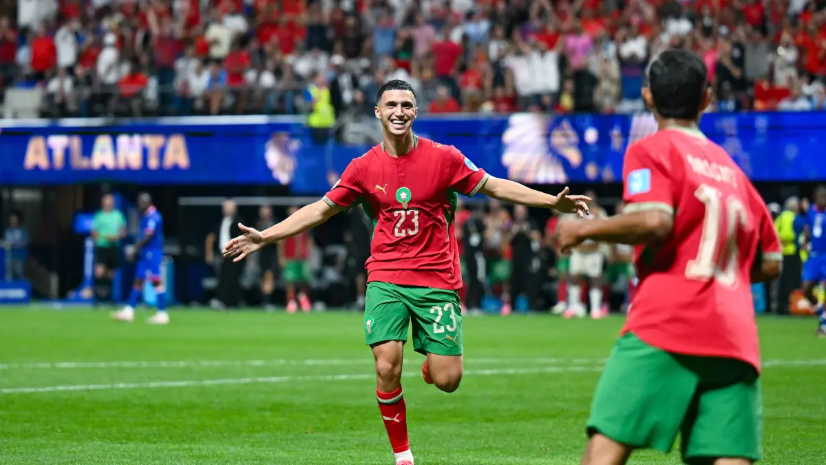 SOCCER: JUN 24 FIFA World Cup 26 Group C - Morocco vs Haiti: ATLANTA, GA - JUNE 24: Bilal El Khannouss 23 of Morocco celebrates the goal by Gessime Yassine 16 during the FIFA World Cup, WM, Weltmeisterschaft, Fussball 2026 Group C match between Morocco and Haiti on June 24th, 2026 at Atlanta Stadium in Atlanta, GA. Photo by Rich von Biberstein/Icon Sportswire SOCCER: JUN 24 FIFA World Cup 26 Group C - Morocco vs Haiti EDITORIAL USE ONLY Icon260624023