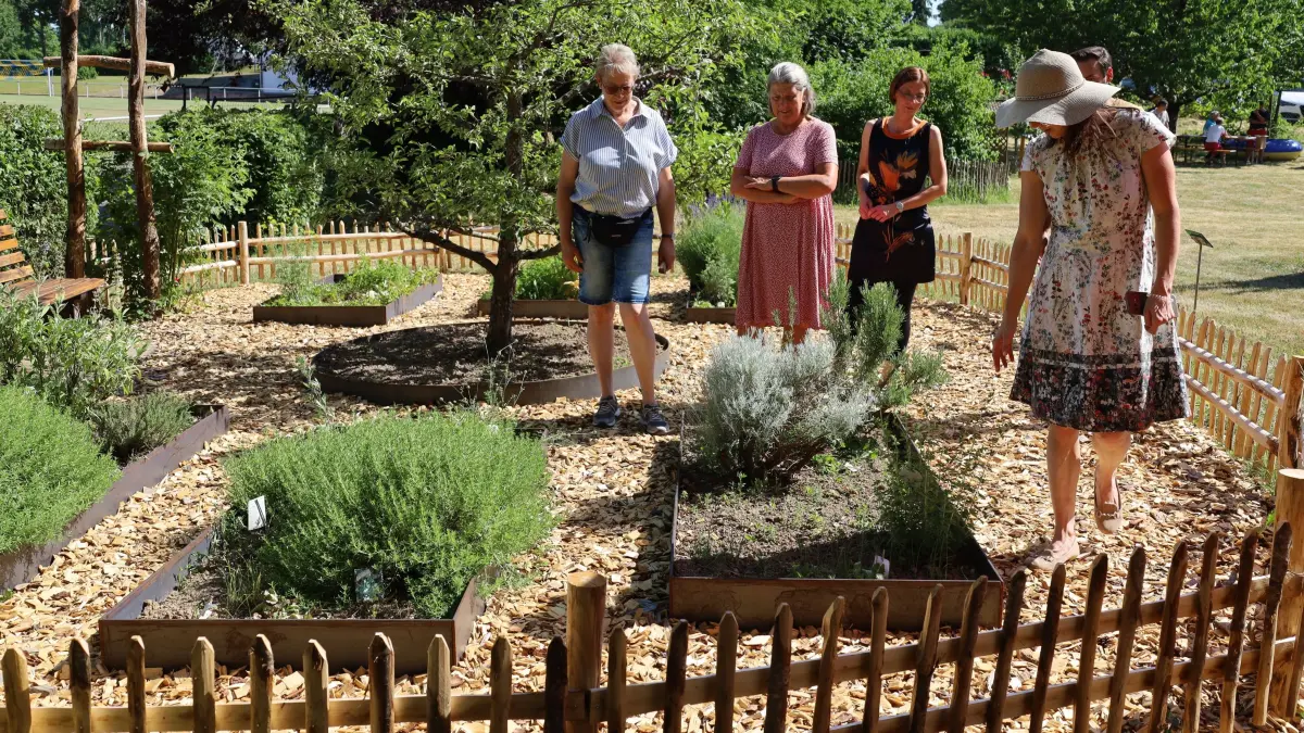 Interessierte bewundern den neu angelegten Kräutergarten des Obst- und Gartenbauvereins.