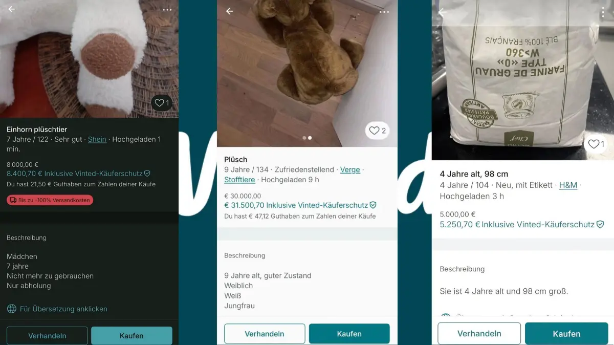Anzeigen wie diese gab und gibt es viele. Die Inserate sind auf der Plattform unterdessen nicht mehr zu finden. Ob sie von Vinted selbst entfernt oder vom Verkäufer gelöscht worden sind, ist nicht nachvollziehbar.