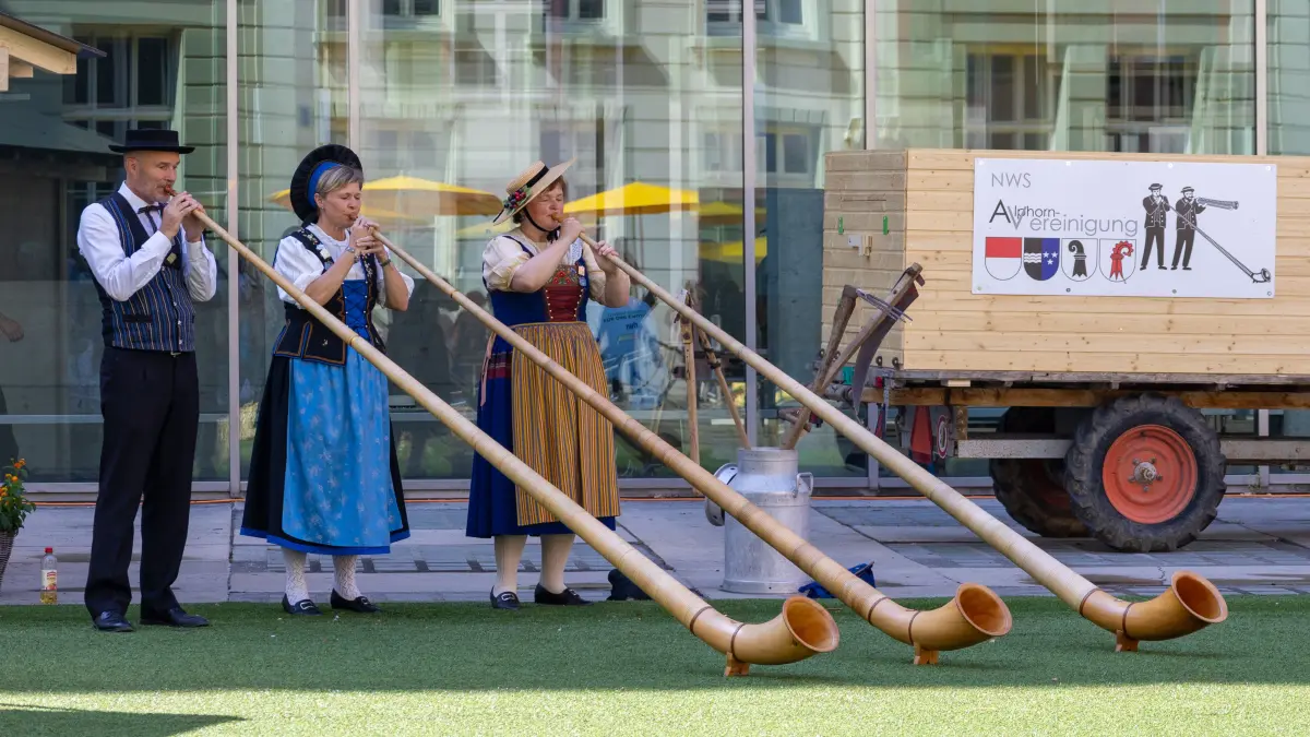 Eine Alphornbläsergruppe stellt sich mit ihrem Vortrag der Jury.
