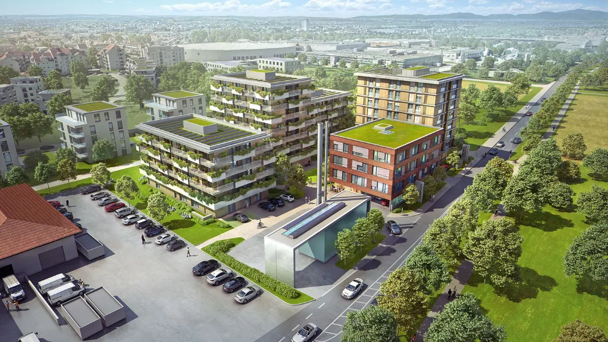 So soll das Projekt "Mitten im Leben" an der Römerstraße, zwischen dem Hieber-Markt und dem Vitra Campus der neuesten Planung zufolge aussehen. Im Vordergrund ist die bereits dort stehende Heizzentrale der Stadtwerke zu sehen. Sie soll einen höheren Schornstein bekommen.