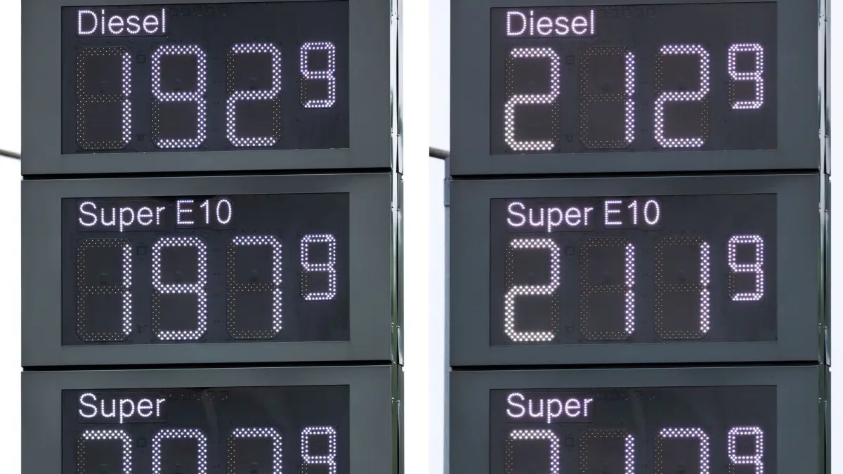 Entwicklungen Spritpreise nach Ende Tankrabatt: 01.07.2026, Mecklenburg-Vorpommern, Rostock: Die Kombo aus zwei Fotos zeigt die Preise für Kraftstoffe an einer Tankstelle vor (l) und nach (r) der Preisänderung um 12 Uhr. Die Spritpreise sind mit dem Ende des Tankrabatts in Deutschland am 01.07.2026 stark gestiegen. Foto: Jens Büttner/dpa +++ dpa-Bildfunk +++