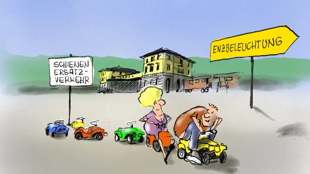 Ob die Bad Wildbader Stadtbahn bis Samstag wirklich fertig ist, kann niemand garantieren. Siehe Stuttgart 21. Schienenersatzverkehr mit Bussen geht auch nicht. Aber am Sonntag ist ein Rekordversuch mit Bobbycars geplant. Da würde eine kleine Terminverschiebung auf Samstag doch eventuell alle Probleme lösen.