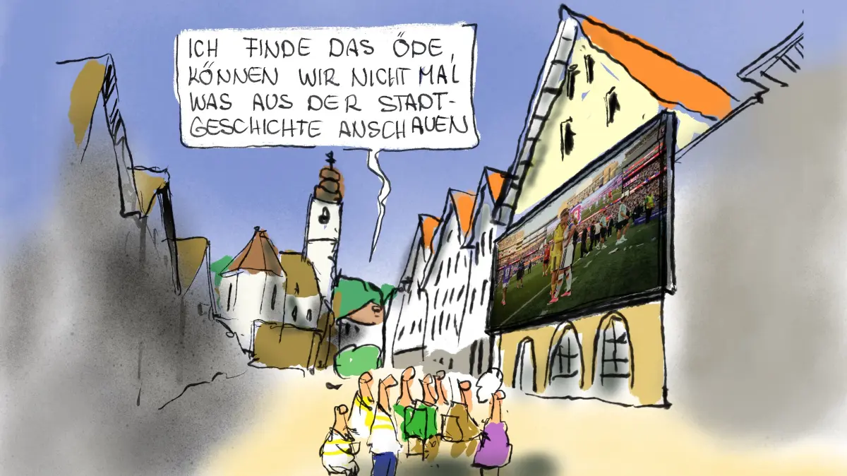 Heutzutage würde niemand mehr die Rathausfassade mit historischen Figuren vollpinseln, stattdessen würde einfach für das Public Viewing ein großer Bildschirm aufgehängt. Aber so grottenschlecht, wie die Nationalelf gespielt hat, besinnt man sich in Horb wieder auf die Vergangenheit, und statt Bildschirm wird alles als Theater aufgeführt. Auf jeden Fall ist das besser für die Nerven.