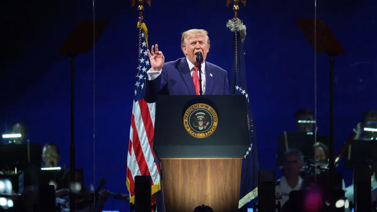 A Tribute To America On The National Mall In D.C. Celebrates America's 250th: WASHINGTON, DC - JULY 04: U.S. President Donald Trump speaks during "Salute to America 250" Fourth of July celebrations on the National Mall on July 04, 2026 in Washington, DC. Americans are celebrating the nation’s 250th anniversary amidst an extreme heat wave bringing dangerous triple digit temperatures to much of the eastern United States. Chip Somodevilla/Getty Images/AFP (Photo by CHIP SOMODEVILLA / GETTY IMAGES NORTH AMERICA / Getty Images via AFP)