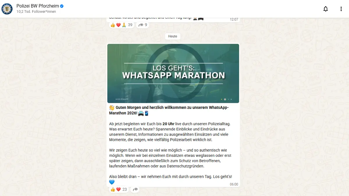 Das Polizeipräsidium Pforzheim begleitet seine Follower bis 20 Uhr live durch den Polizeialltag.