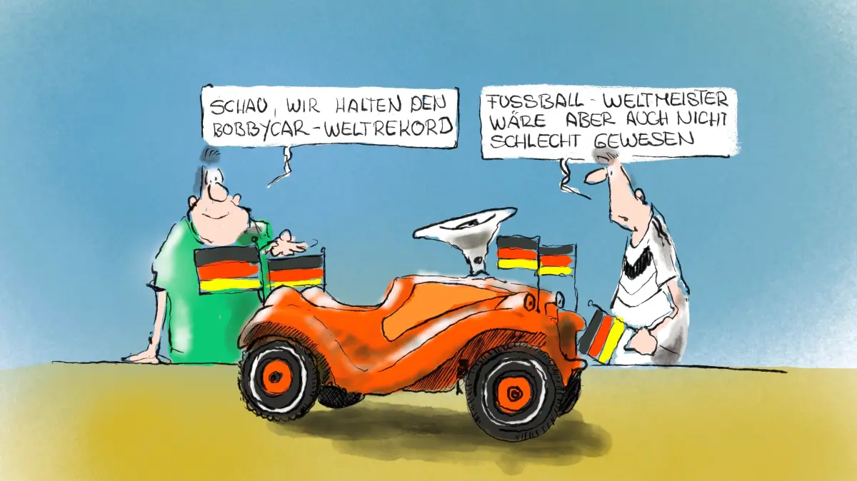 Bobbycarkette-Weltrekord in Bad Wildbad, das klingt nicht schlecht. Aber es gibt auch Leute, die hätten lieber einen deutschen Fußball-Weltmeistertitel gefeiert. Vielleicht sogar mit einem Bobbycar-Autokorso-Weltrekord.