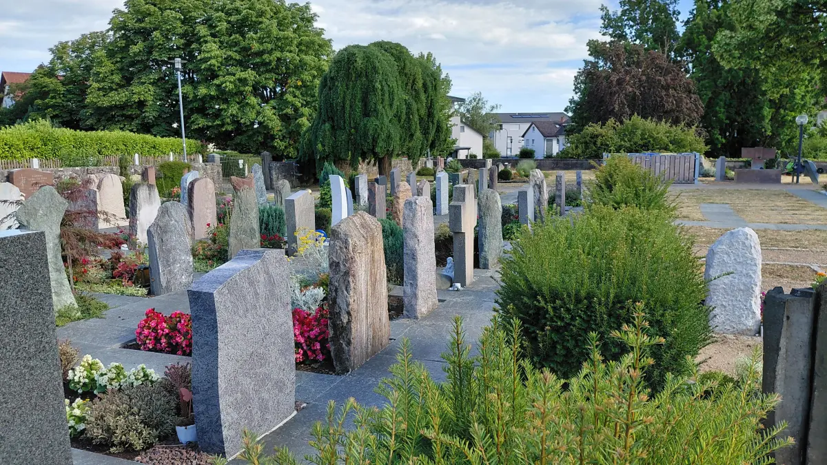Die Friedhofsbereiche zählen im Grünkonzept der Gemeinde Efringen-Kirchen als gestaltete Anlagen zu den stark wahrgenommenen Grünflächen. Allerdings kommt das Grün der Rasenflächen bei anhaltender Trockenheit eher in Gelb-Braun daher.