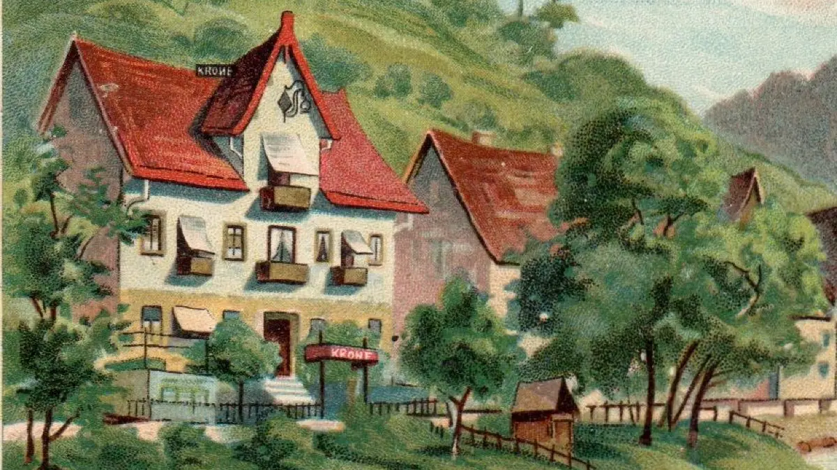 Die 1888 an der Schrambergerstraße errichtete neue „Krone“ mit Terrasse.