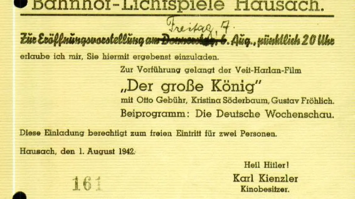 Einladungskarte zur Eröffnungsvorstellung der Bahnhof-Lichtspiele am 7. August 1942. „Der große König“ war ein Veit-Harlan-Film im Auftrag von Propagandaminister Joseph Goebbel.