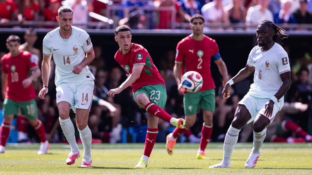 France v Morocco: Quarter Final - FIFA World Cup 2026: France v Morocco: Quarter Final - FIFA World Cup, WM, Weltmeisterschaft, Fussball 2026 FOXBOROUGH, MA - JULY 9: Bilal El Khannouss 23 of Morocco passes the ball during the FIFA World Cup 2026 Quarter Final match between France and Morocco at Boston Stadium on July 9, 2026 in Foxborough, USA. Photo by Victor Monteiro/PxImages Foxborough Boston Stadium MA USA Copyright: xVictorxMonteirox