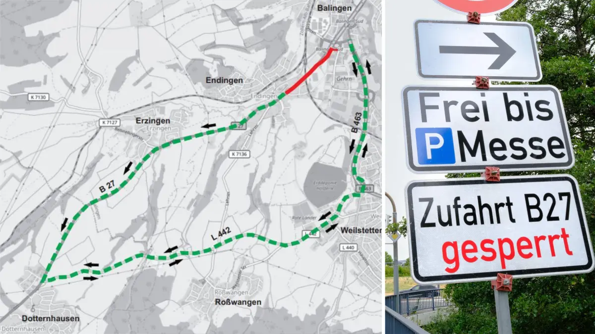 Die B27 ist zwischen Balingen und Endingen voll gesperrt: Über Weilstetten und Roßwangen wird der Verkehr umgeleitet.