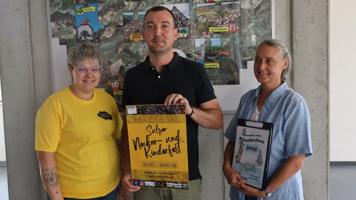 Sie laden zum Neckar- und Kinderfest ein (von links): Sabrina Wagner, Thomas Rupp und Gertrud Teller.