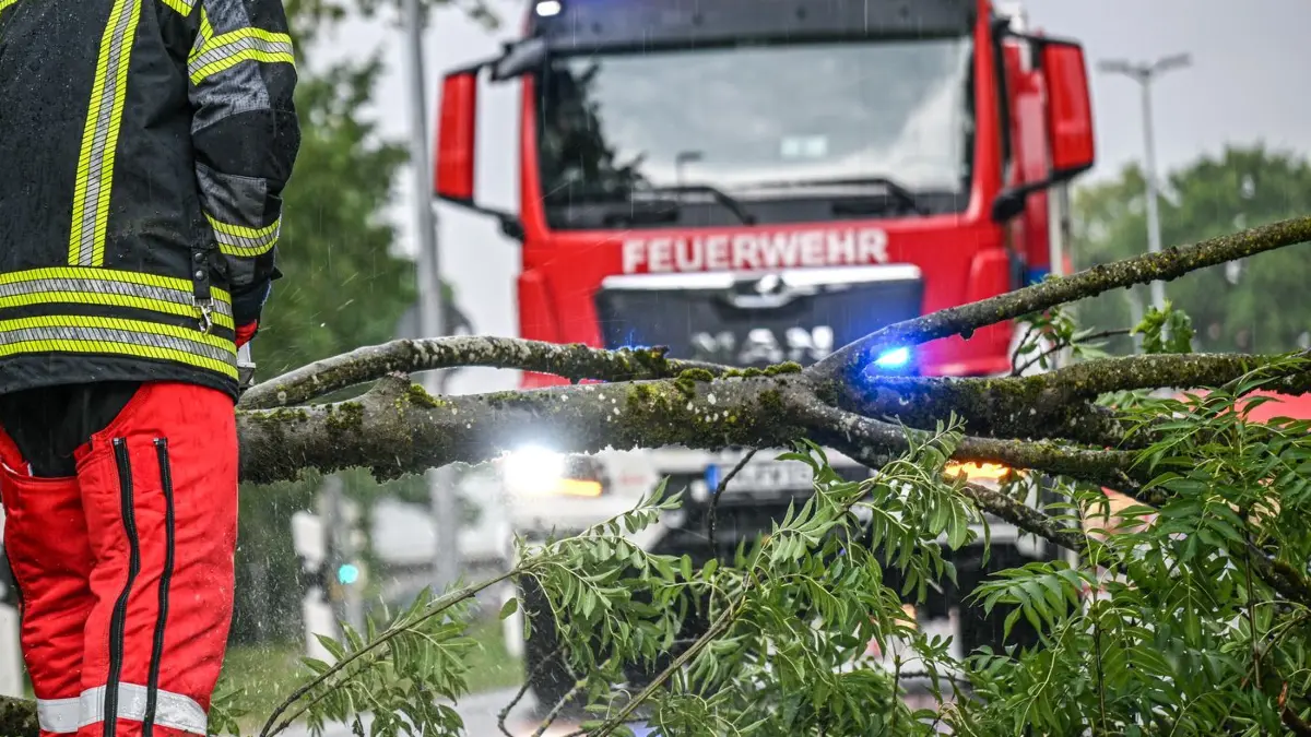 Unwetter in Baden-Württemberg: 15.07.2026, Baden-Württemberg, Friedrichshafen: Eine Einheit der Feuerwehr entfernt umgestürzte Baumstämme nach dem Unwetter. Foto: Jason Tschepljakow/dpa +++ dpa-Bildfunk +++