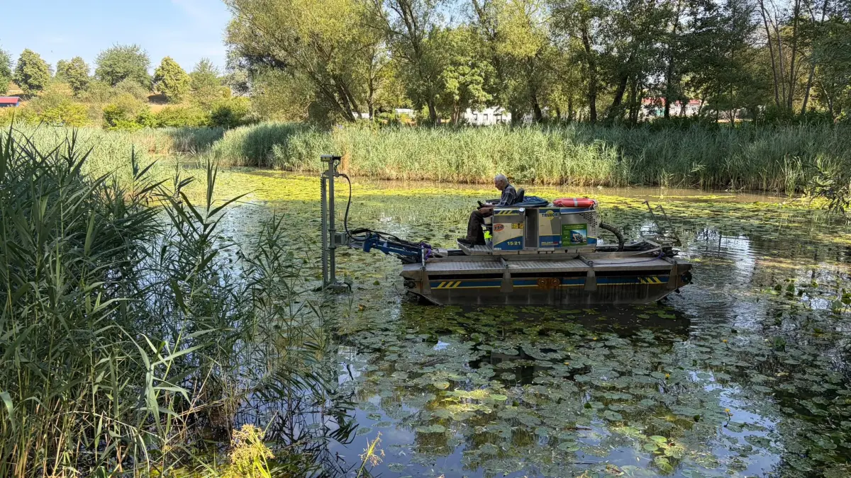 Ein Mähboot ist auf dem Tälesee in Empfingen im Einsatz.