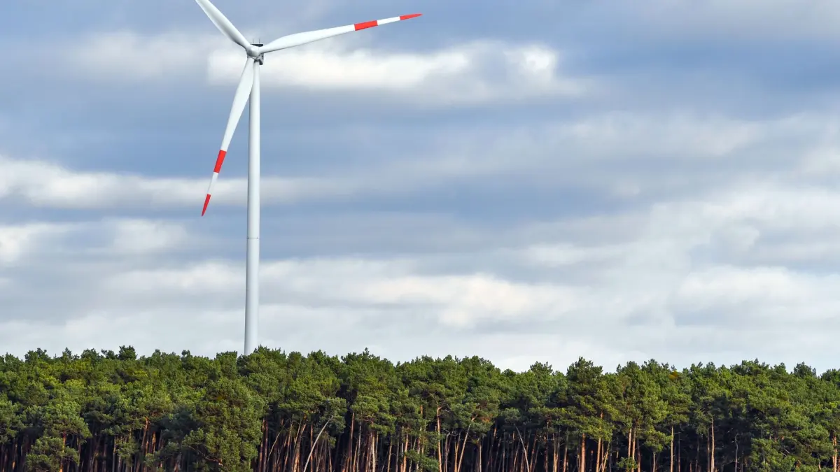 Windrad im Wald: ARCHIV - 27.11.2017, Brandenburg, Lübben: Eine Windenergieanlage steht in einem Wald. (zu dpa: «Weiterer Gegenwind für Windkraft im Wald») Foto: Patrick Pleul/dpa-Zentralbild/dpa +++ dpa-Bildfunk +++