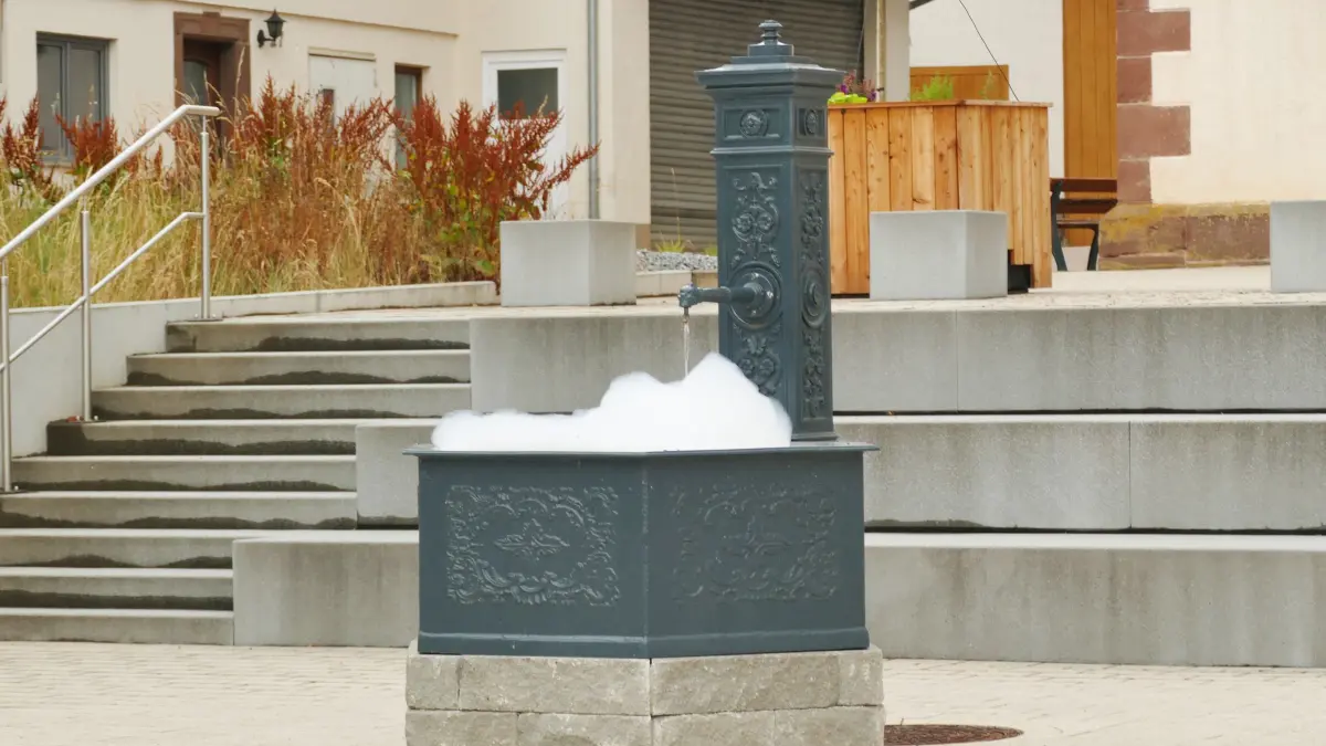 Der Dorfplatz in Dürrenmettstetten wurde mit neuen Blumenkästen aufgewertet. Der Schaum im Dorfbrunnen sorgt dagegen für fragende Gesichter.