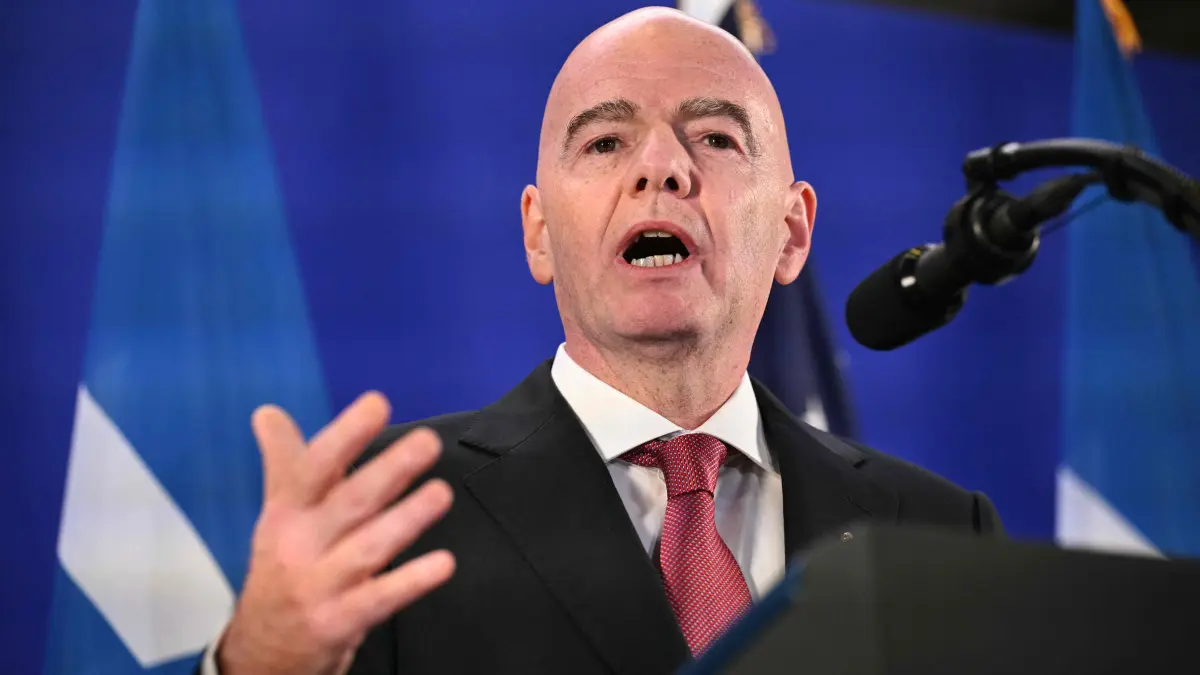 US-POLITICS-TRUMP: FIFA President Gianni Infantino speaks during a FIFA reception at Trump Tower in New York on July 17, 2026. President Trump will attend the 2026 World Cup Final between Spain and Argentina. (Photo by Mandel NGAN / AFP)