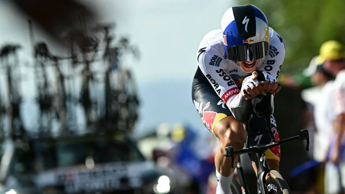 Tour de France 2026: 21.07.2026, Frankreich, Evian: Radsport: UCI WorldTour - Tour de France, Evian-les-Bains - Thonon-les-Bains, 26,10 km, 16. Etappe, Einzelzeitfahren. Florian Lipowitz aus Deutschland in Aktion. Foto: Loic Venance/AFP/dpa +++ dpa-Bildfunk +++