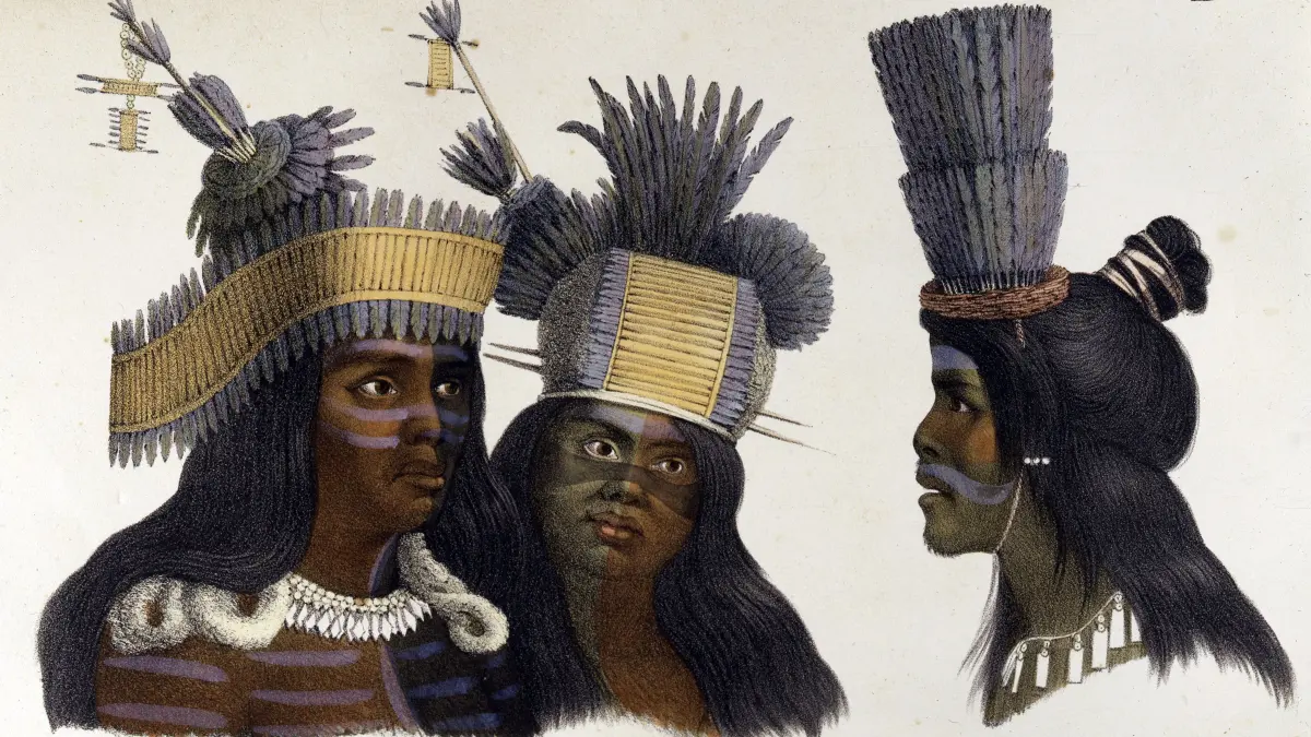 Indianische Ureinwohner Kaliforniens, gezeichnet von Otto Kotzebue (1787-1846), um 1822.