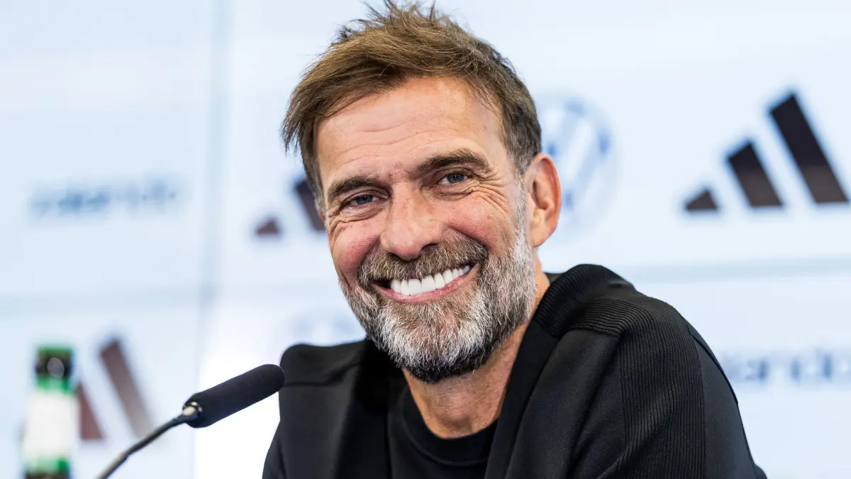 Vorstellung des neuen Bundestrainers Juergen Klopp: FRANKFURT, GERMANY - JULY 24: Juergen Klopp (Head Coach Germany DFB) smiling during the press conference to present Juergen Klopp as the new head coach of Germany at DFB Campus on July 24, 2026 in Frankfurt, Germany. (Photo by Beautiful Sports via Arena Akcji/Sipa USA))