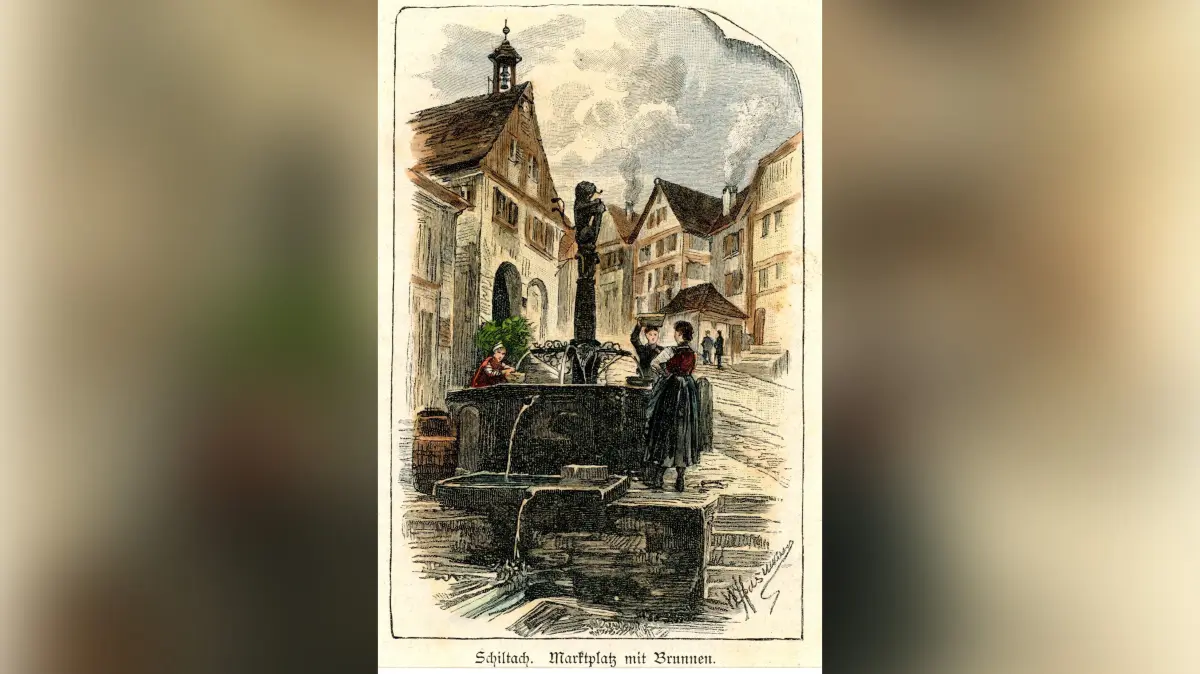 „Marktplatz mit Brunnen“, kolorierte Zeichnung von Wilhelm Hasemann, 1882.