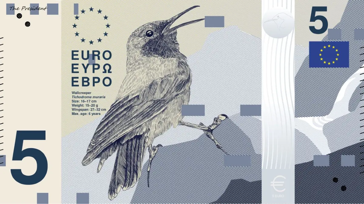 Gestaltungsentwurf zur 5-Euro-Note, Designvorschlag B, der österreichischen Agentur "PunktFormStrich".